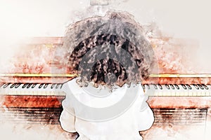 Kid girl hand playing keyboard of the piano foreground Watercolor painting background and Digital illustration brush to art. photo