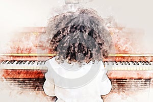 Kid girl hand playing keyboard of the piano foreground Watercolor painting background and Digital illustration brush to art.