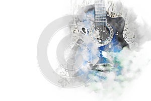 Abstract beautiful man playing acoustic Guitar in the foreground on Watercolor painting background.