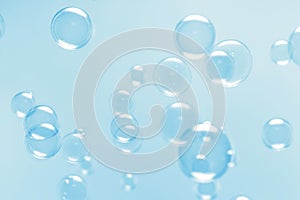 Abstract Beautiful Transparent Blue Soap Bubbles Background. Soap Sud Bubbles Water