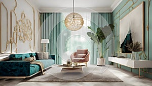 Abstract beautifullmodern living room interior design wallpaper element for printer on digital art concept, Generative AI