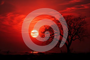 Abstract beauty Red sunset sky with round sun and silhouetted tree