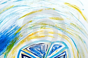 Abstract bend arc blue and yellow color watercolor paint .