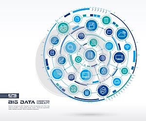 Abstract big data background. Digital connect system with integrated circles, glowing thin line icons.