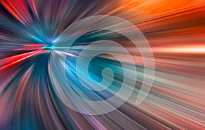 Abstract big data, speed, colorful fibers, rays background in orange and blue color. 3D tunnel illustration