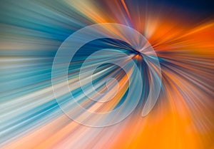 Abstract big data, speed, colorful rays, fibers background in orange and blue color. 3D tunnel Illustration