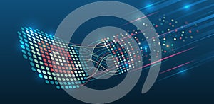 Abstract big data visualization with flowing dots and light trails, representing data transfer, analytics, artificial intelligence