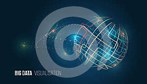 Abstract big data visualization with glowing lines and dots forming a digital globe, symbolizing data flow, analytics, global