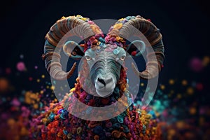 Abstract of Bighorn Ram or sheep portrait, Aries zodiac sign with multi colored colorful on skin body and hairs paint, Vibrant