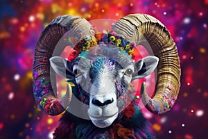 Abstract of Bighorn Ram or sheep portrait, Aries zodiac sign with multi colored colorful on skin body and hairs paint, Vibrant