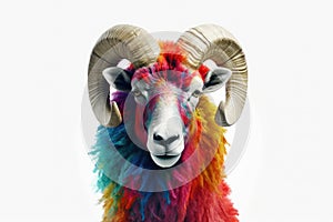 Abstract of Bighorn Ram or sheep portrait isolated on white background, Aries zodiac sign with multi colored colorful on skin body