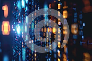 Abstract binary code background with glowing data streams in a futuristic setting.