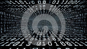 Abstract binary code background with glowing numbers in perspective digital space