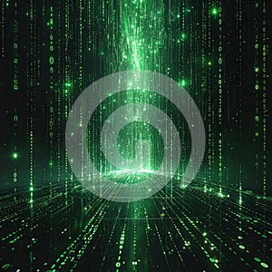 Abstract Binary Code Cascade In Green Against Black Background