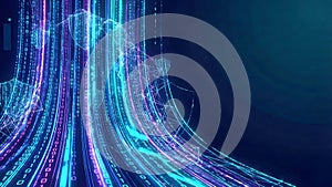 Abstract Binary Code Flow with Cyber Security Shield Icons