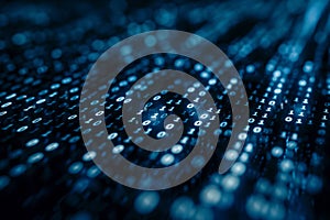 Abstract binary code flowing across a network, symbolizing data, the digital age, and information technology in a macro
