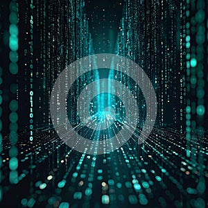 Abstract Binary Code Flowing Through Digital Tunnel in Teal and Black