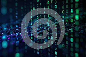 Abstract binary code flowing like data streams through a futuristic digital landscape. Abstract visualization of flowing binary