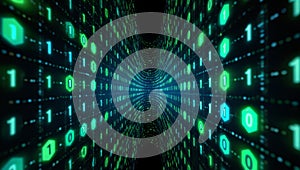 Abstract Binary Code Tunnel with Glowing Green Numbers