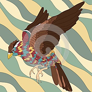 Abstract bird with colorful feathers on wavy background. Retro composition