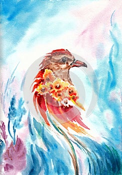 Abstract bird integrated with flowers as a symbol of the unity of the environment. Hand drawn colorful watercolors on paper