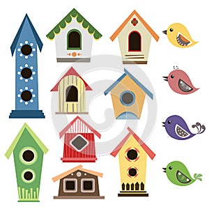 Abstract birdhouse set with birds photo