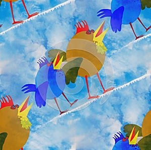 Abstract birds blue ocher green walking on condensation trails on blue sky diagonally