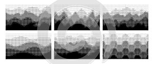 Abstract bitmap dithering layered backgrounds. Forest, waves, honeycomb and mountains landscapes with dither pixel and photo