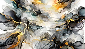 Abstract Black Alcohol Ink with Gold Streak on White Background. Elegant Liquid Painting Texture