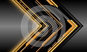 Abstract black arrow yellow light cyber circuit shadow direction geometric on grey metallic design modern futuristic background