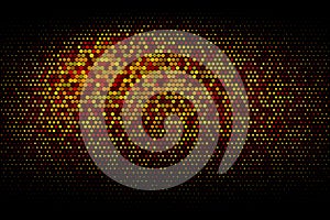 Abstract black background with a combination glowing golden dots. Circle black textured background with shining golden