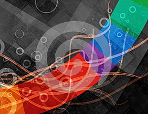 Abstract black background design with colorful stripe and circle rings and line waves