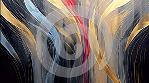 Abstract black background with flowing gold, crimson, silver, blue, gray color. Fluid vertical dynamic brushwork