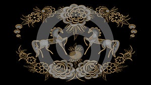 Abstract black background with gold and silver folk patterns, ra