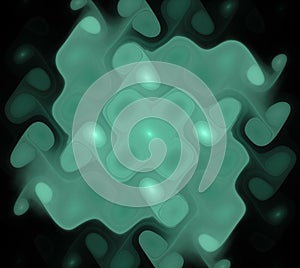 Abstract black background with green and turquoise spotted spiral pattern. Cross in the center. Fractal texture.