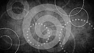 Abstract black background with grunge texture and white geometric circles and dots in old vintage paper