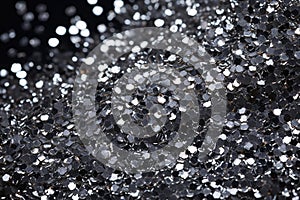 abstract black background with some smooth lines and sparkles in it, Close-up detail of bright silver glitter sprinkled against a