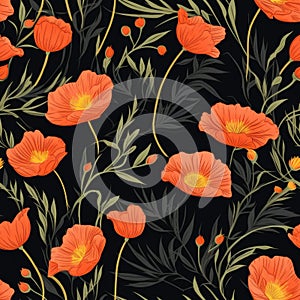 Abstract black background with a vibrant floral pattern featuring a yellow and orange poppy flower