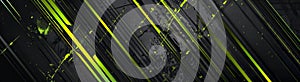 Abstract black background with vibrant green neon lines and splatters photo