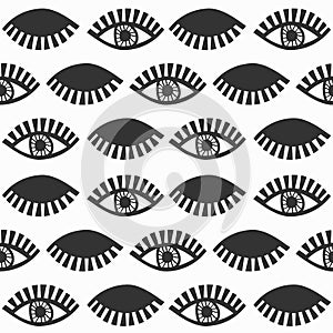 Abstract black blinking feminine eyes with lashes pattern on white