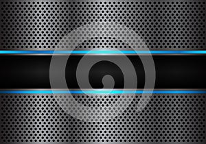 Abstract black blue line light banner on dark gray metal circle mesh design modern futuristic background vector
