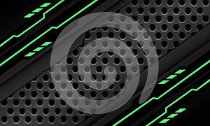Abstract black circuit green light cyber geometric slash on grey metallic circle mesh design modern technology futuristic