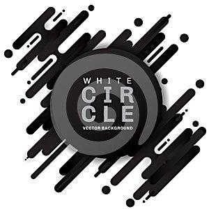 Abstract black geometric pattern rounded shapes diagonal lines transition on white background with white circle tag