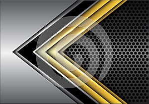 Abstract black gold arrow line on metal dark gray circle mesh design modern futuristic background vector