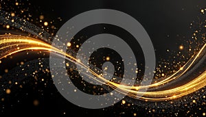 Abstract black, gold background. Glowing golden lines, sparkles create modern, luxurious design. Elegant graphic design template photo