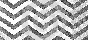 Abstract black halftone chevron pattern background with zigzag dotted lines creating dynamic geometric texture
