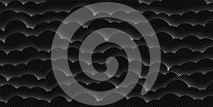 Abstract black halftone pattern background with curved gradient dots forming wave-like shapes, minimal monochrome vector texture