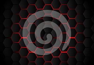 Abstract black hexagon pattern on red neon background technology style. Honeycomb