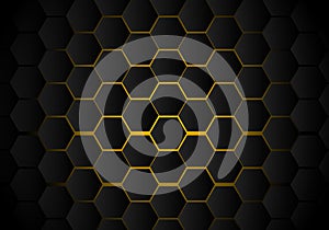 Abstract black hexagon pattern on yellow neon background technology style. Honeycomb