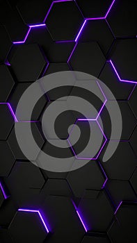 Abstract black hexagons with glowing purple neon light edges geometric pattern background